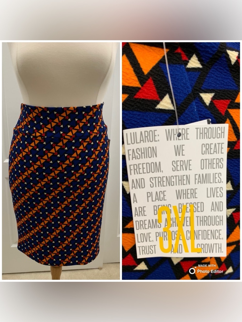LuLaRoe Navy Geometric Triangle Pencil Skirt with Orange and Red Accents